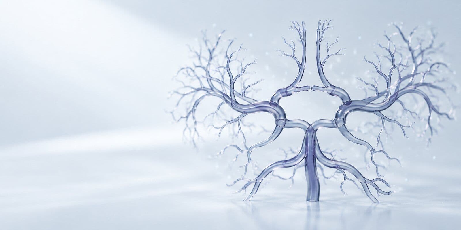 腦部動脈樹的半透明 3D 示意,玻璃質感的血管周圍漂浮著細小光點,象徵被讀取的資料