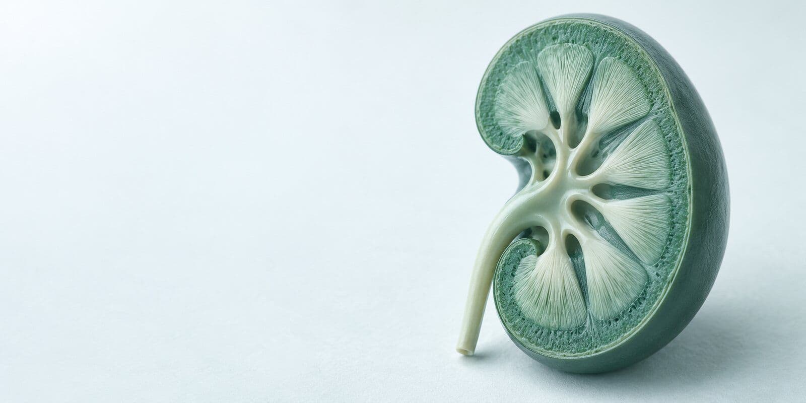 一顆縱切的腎臟解剖模型,呈海綠色霧面材質,可見皮質、腎錐體與腎盂結構,置於淺色背景右側。